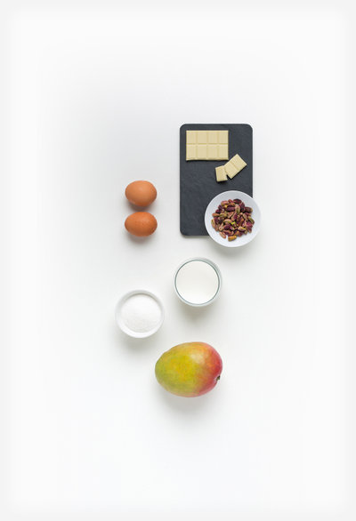 Bavarois met pistache en witte chocolade in mangosaus ingredients