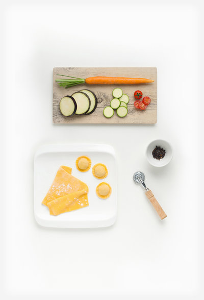 Aubergine-tortelli i grønnsaksragù ingredients