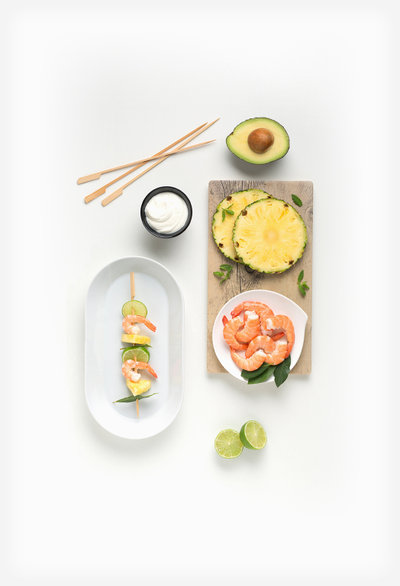 Brochette de crevettes géantes et ananas au citron vert en sauce avocat ingredients