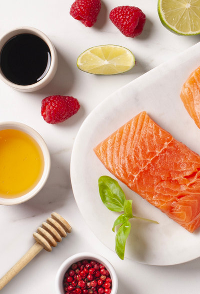 Honey glazed steamed salmon with lime and raspberries ingredients