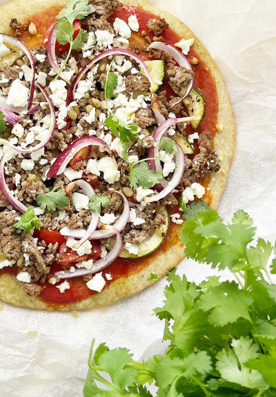 Chloé's Greek style pizza ingredients