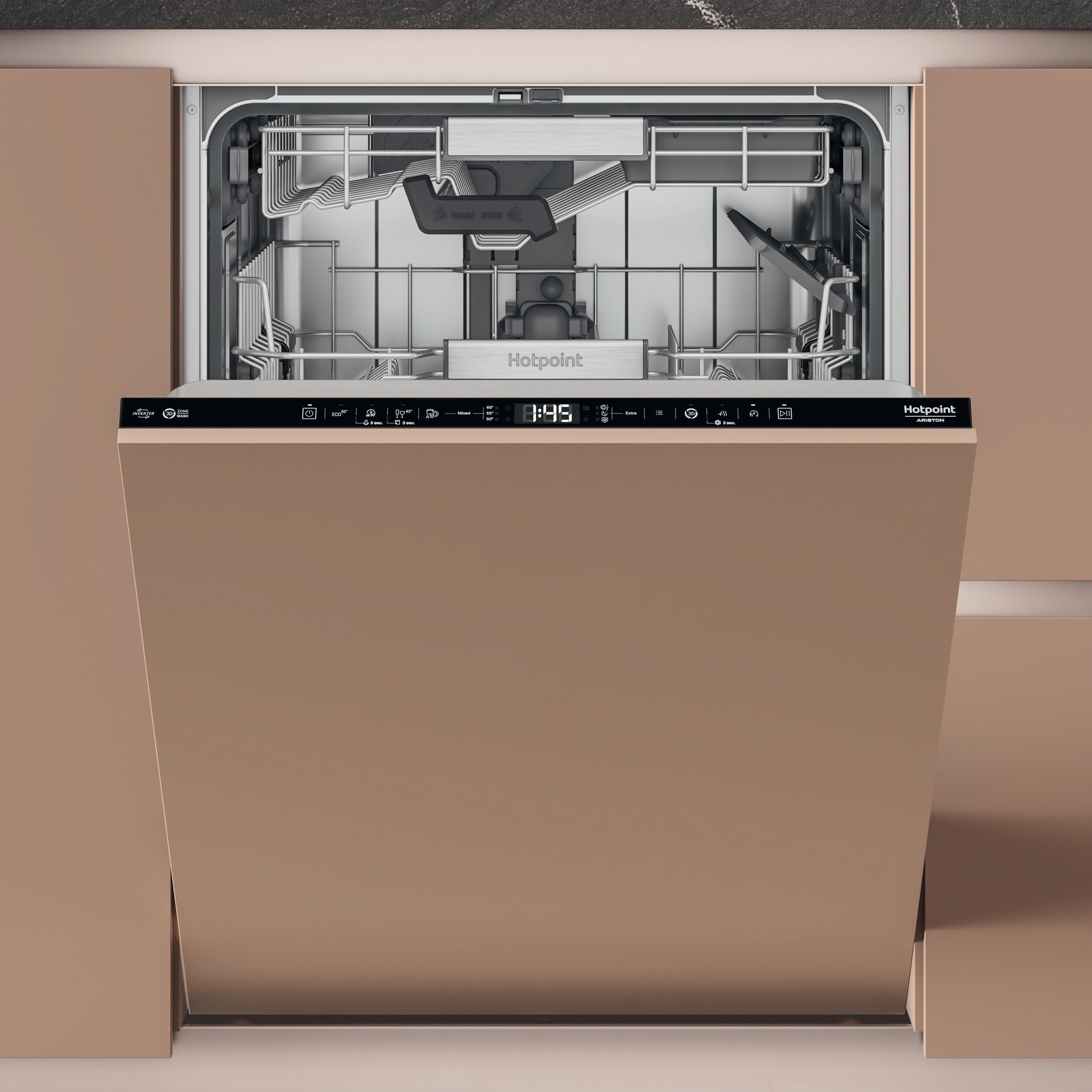 Mașina de spălat vase integrată Hotpoint: dimensiunea completă, culoare neagră