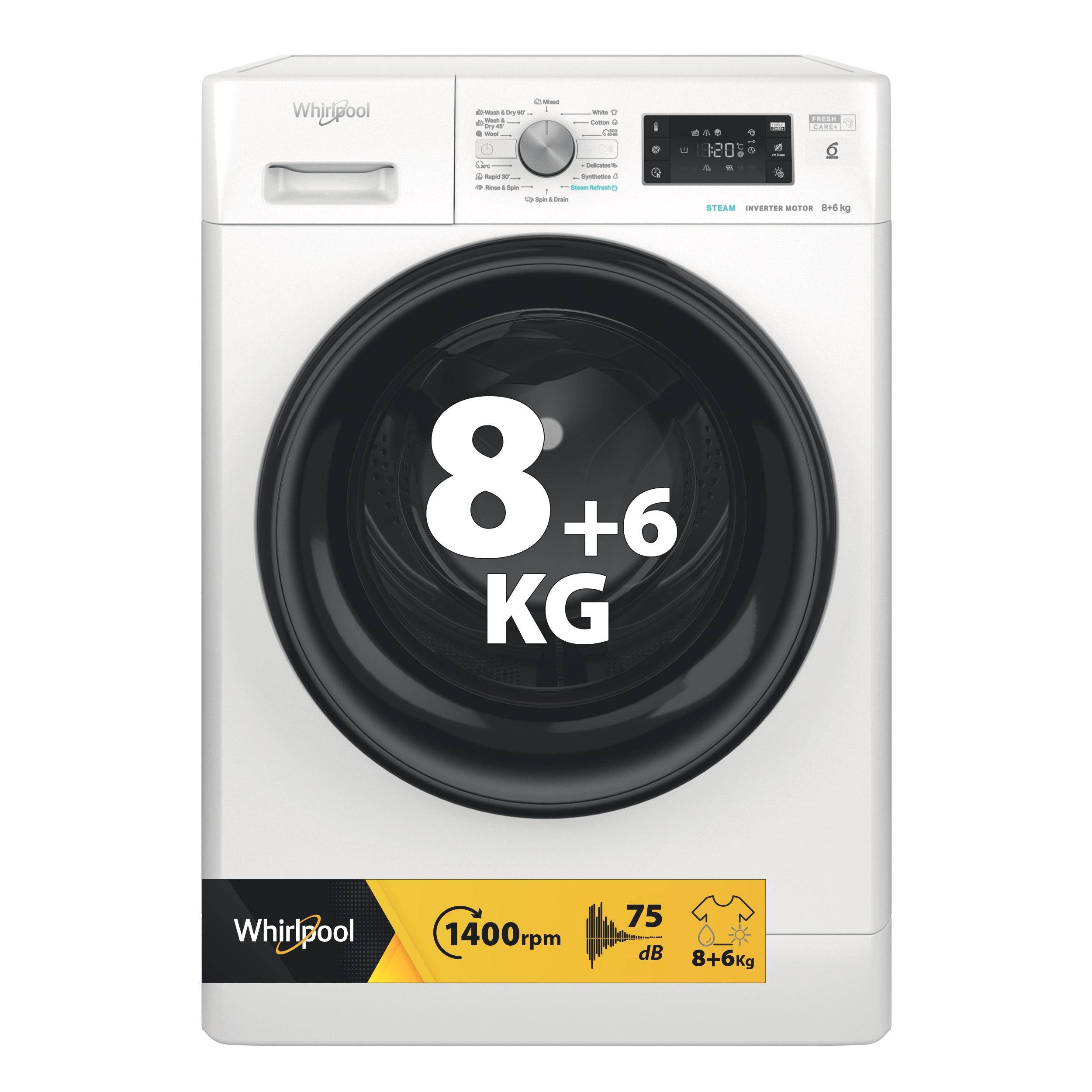 Whirlpool Veļas mazgājamā mašīna-žāvētājs Brīvi stāvošs FFWDB 864349 BV EE Balts Priekšējās ielādes Perspective