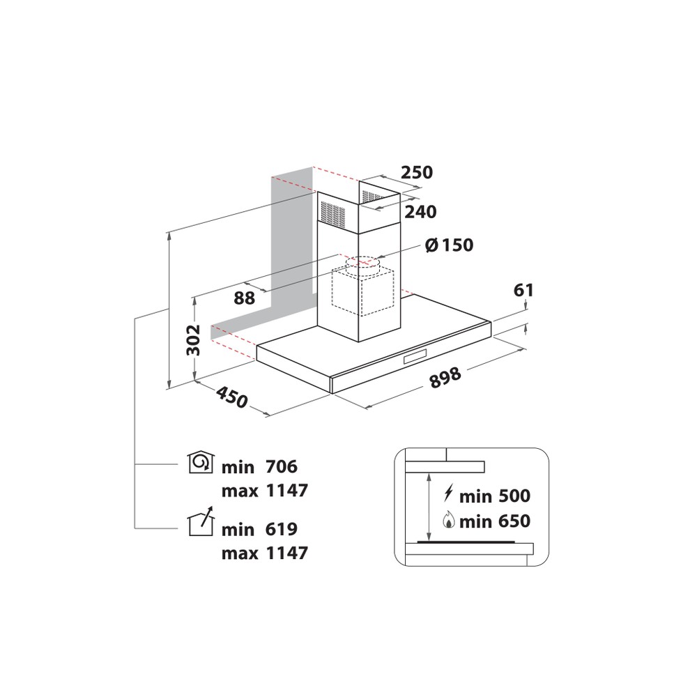Whirlpool Hood Built-in WHBS 93 F LE X Inox Wall-mounted Electronic Technical drawing