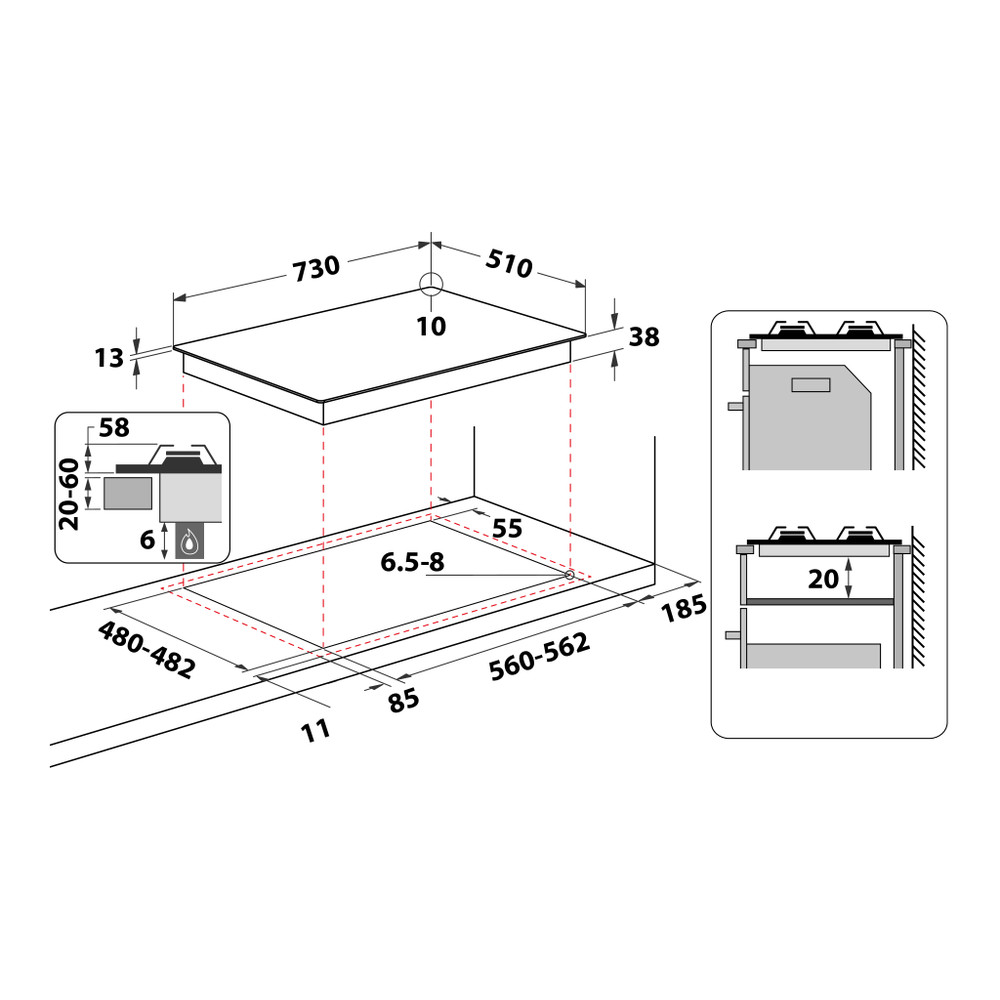 Whirlpool Kookplaat TKRL 761 IX K Inox Gas Technical drawing
