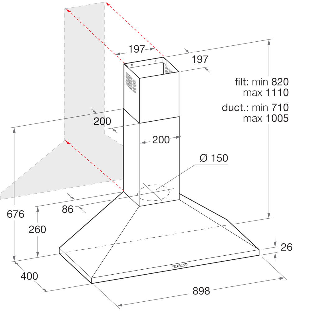 Indesit HOOD Built-in IHPC 9.5 LM X Inox Wall-mounted Mechanical Technical drawing