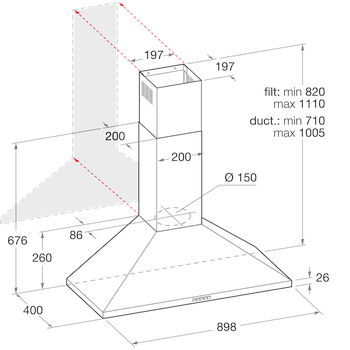 Indesit Exaustor Encastre IHPC 9.5 LM X Inox Wall-mounted Mecânico Technical drawing