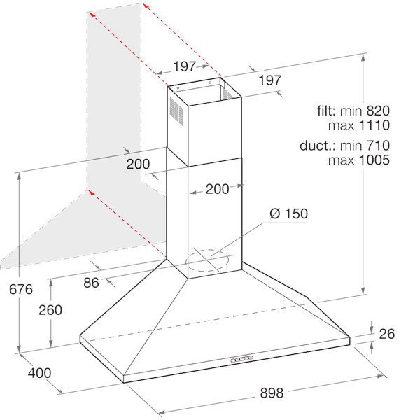 Indesit HOOD Built-in IHPC 9.5 LM X Inox Wall-mounted Mechanical Technical drawing