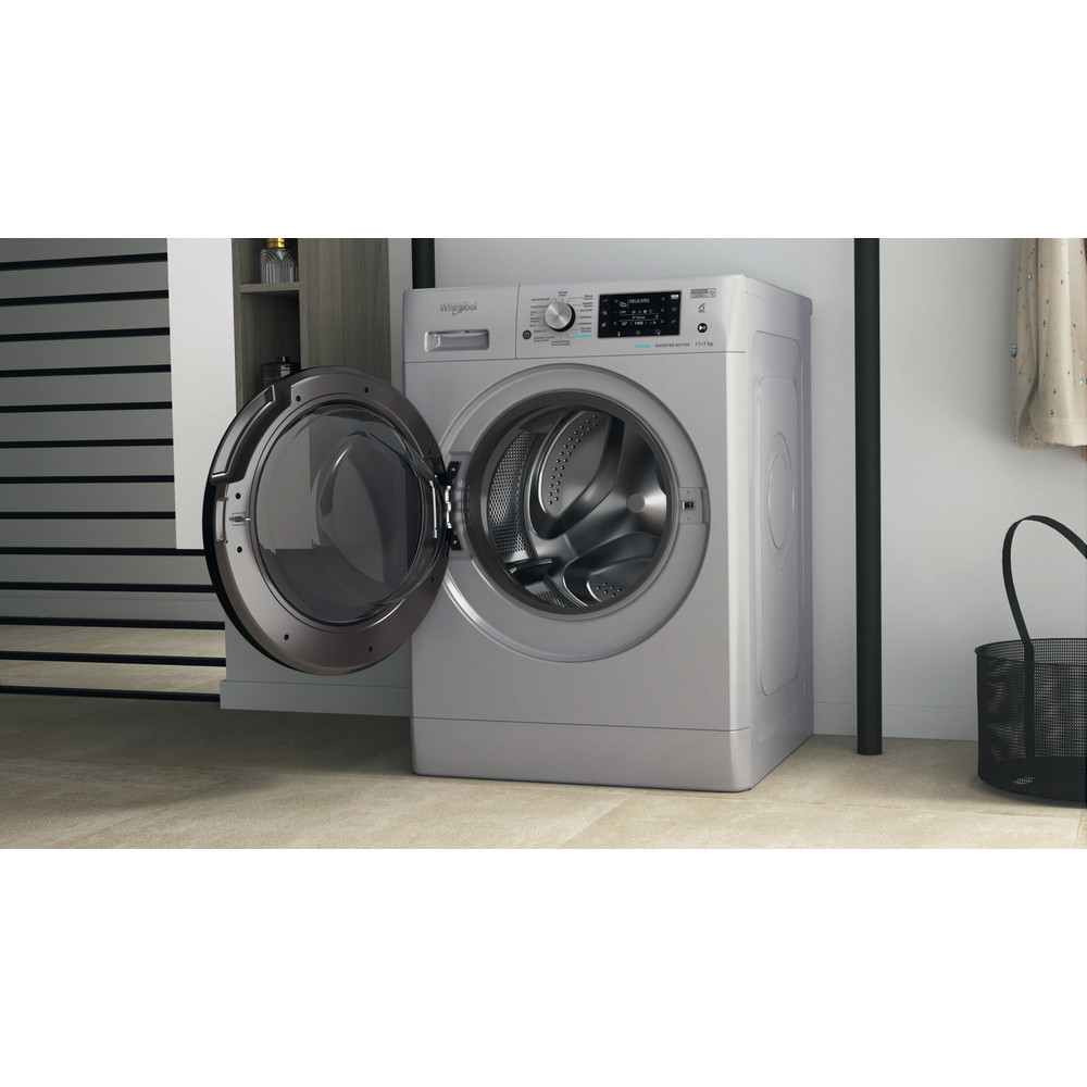 Whirlpool Máquina de lavar e secar roupa Livre Instalação FFWDD 1174269 SBV SPT Prata Carga Frontal Lifestyle perspective open