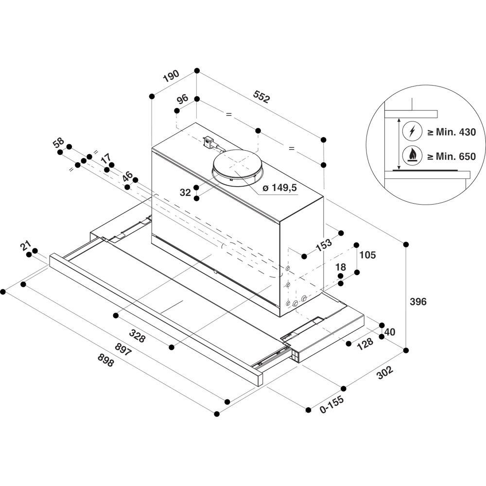 Whirlpool Exaustor Encastre AKR 443/1 GY Cinzento Encastre Mec�nico Technical drawing