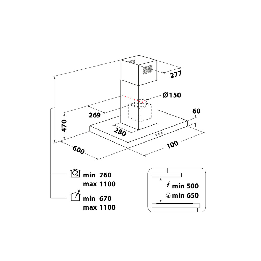 Whirlpool Páraelszívó Beépíthető AKR 504 IX/1 Inox Sziget Elektromos Technical drawing