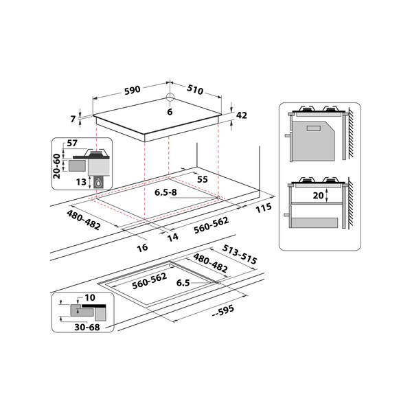 Indesit Варильна поверхня ING 61T/BK Чорний Газова Technical drawing