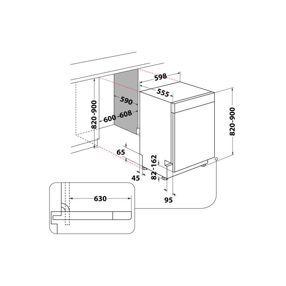 Whirlpool Oppvaskmaskin Frittstående W7U HP43 X Under benk C Technical drawing