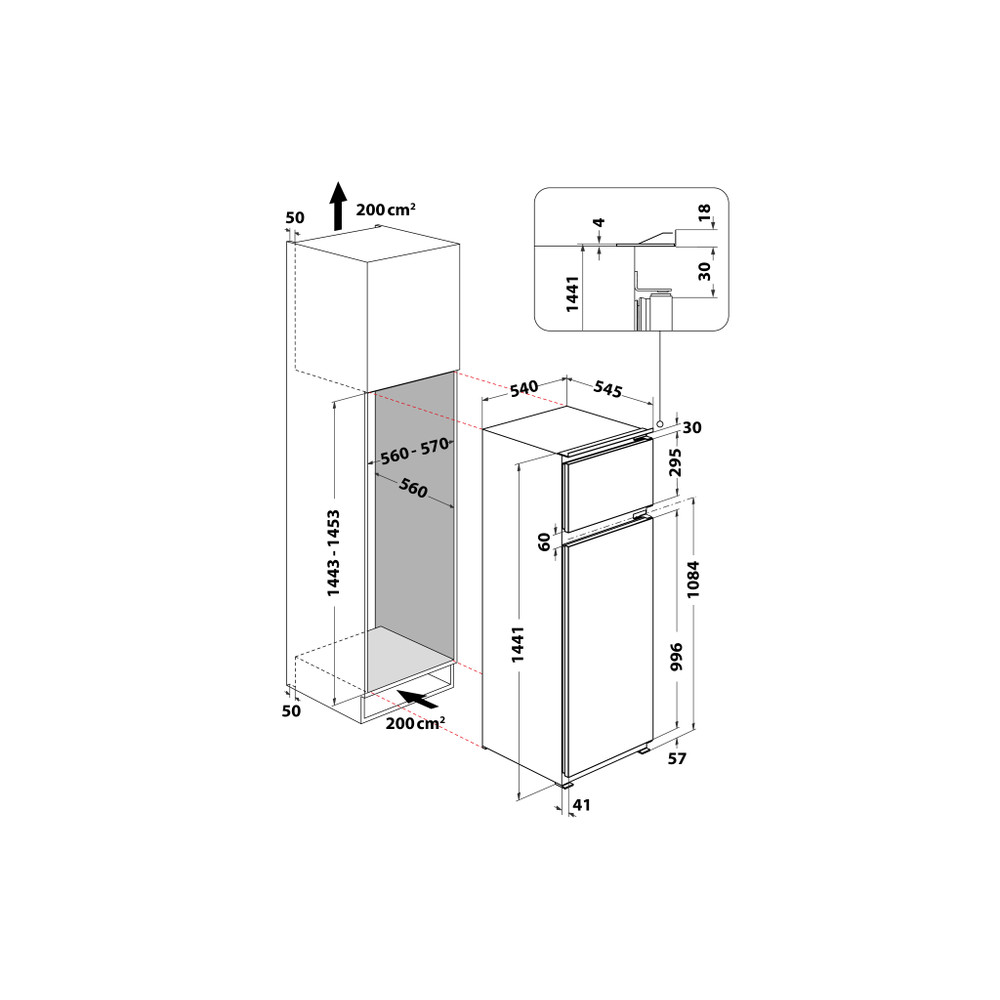 Whirlpool Kombinovaná chladnička s mrazničkou Vestavné ART 3802 Ocel 2 doors Technical drawing