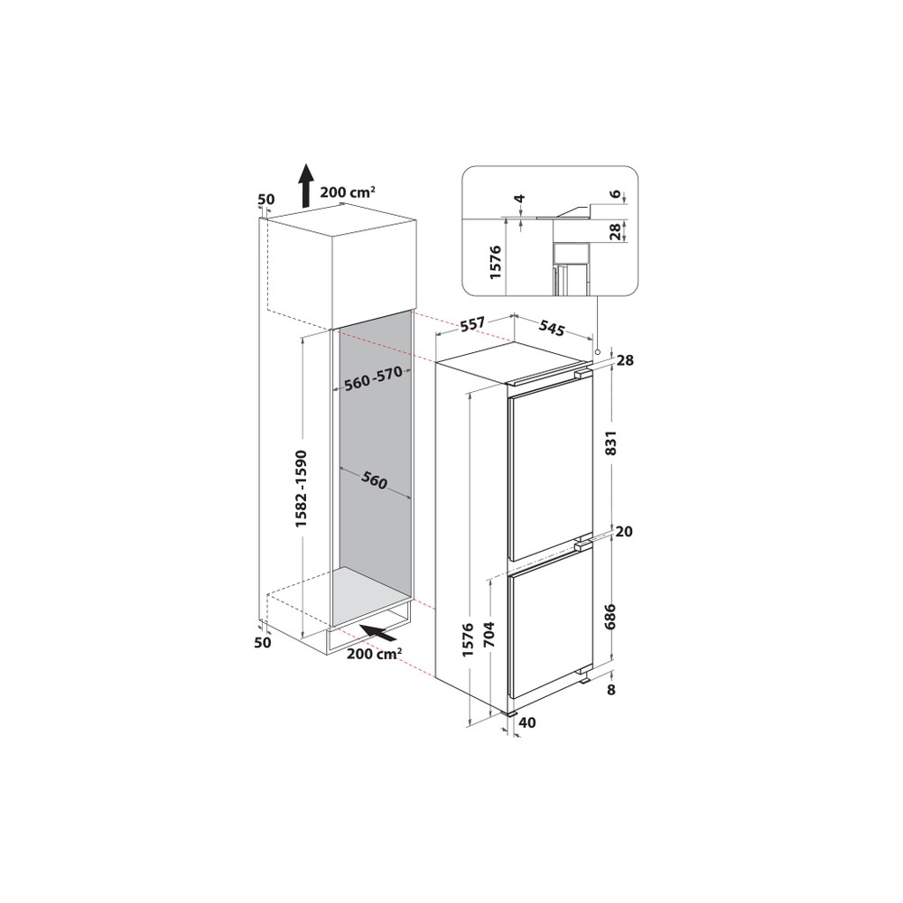 Bauknecht Kühl-Gefrierkombination Einbaugerät KGIS 26803 Weiss 2 Türen Technical drawing