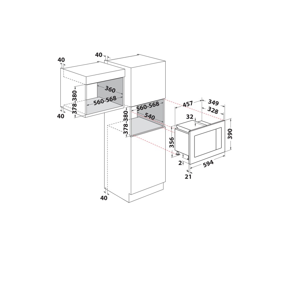 Hotpoint_Ariston Four micro-ondes Encastrable MF20G IX HA.1 Acier inoxydable Electronique 20 Micro-ondes + gril 800 Technical drawing