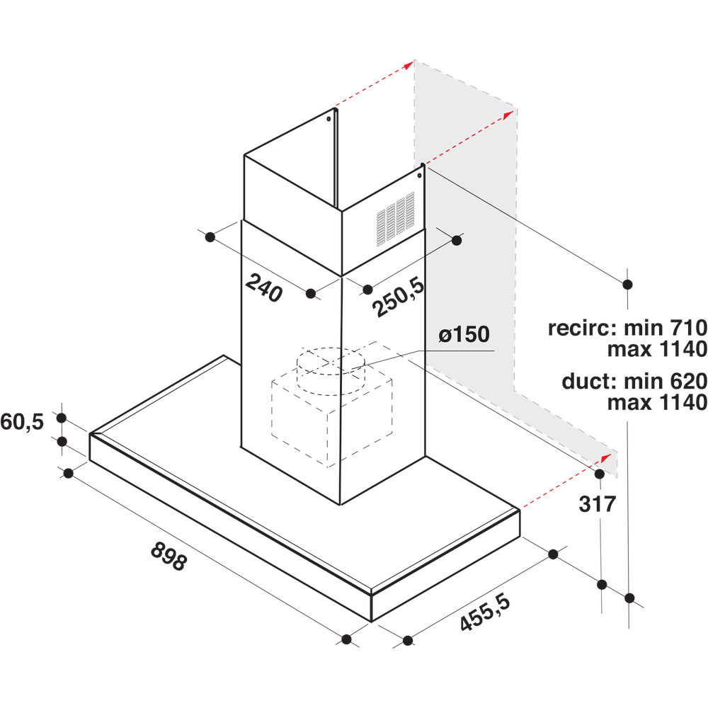 Whirlpool Hotte Encastrable WHBS 92F LT K Inox Mural Electronique Technical drawing