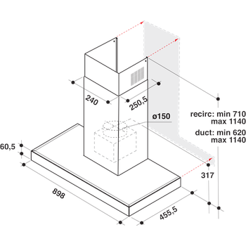 Whirlpool Hotte Encastrable WHBS 92F LT K Inox Mural Electronique Technical drawing