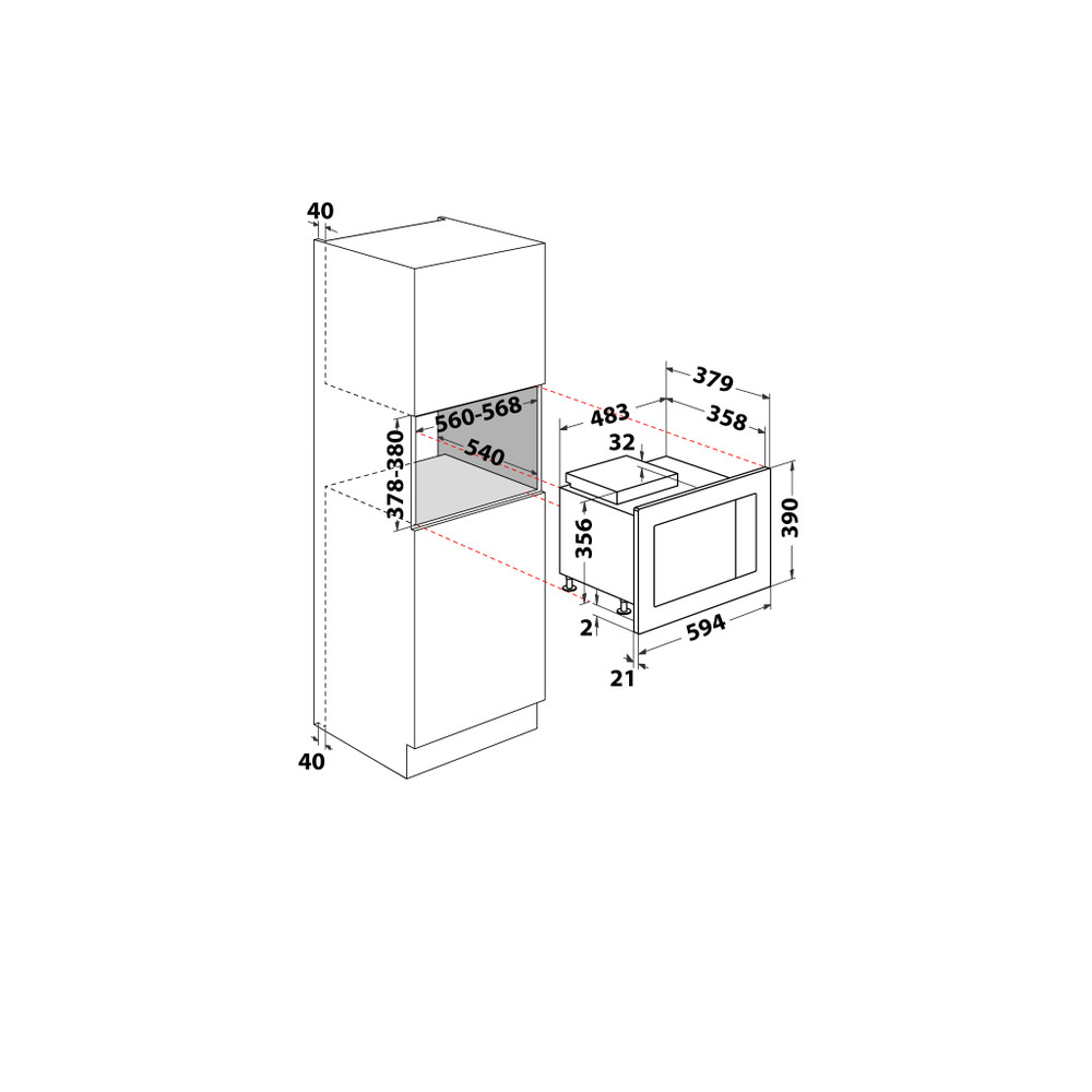 Whirlpool Mikrohullámú sütő Beépíthető WMF250G Inox Elektromos 25 Mikrohullám+Grill funkció 900 Technical drawing