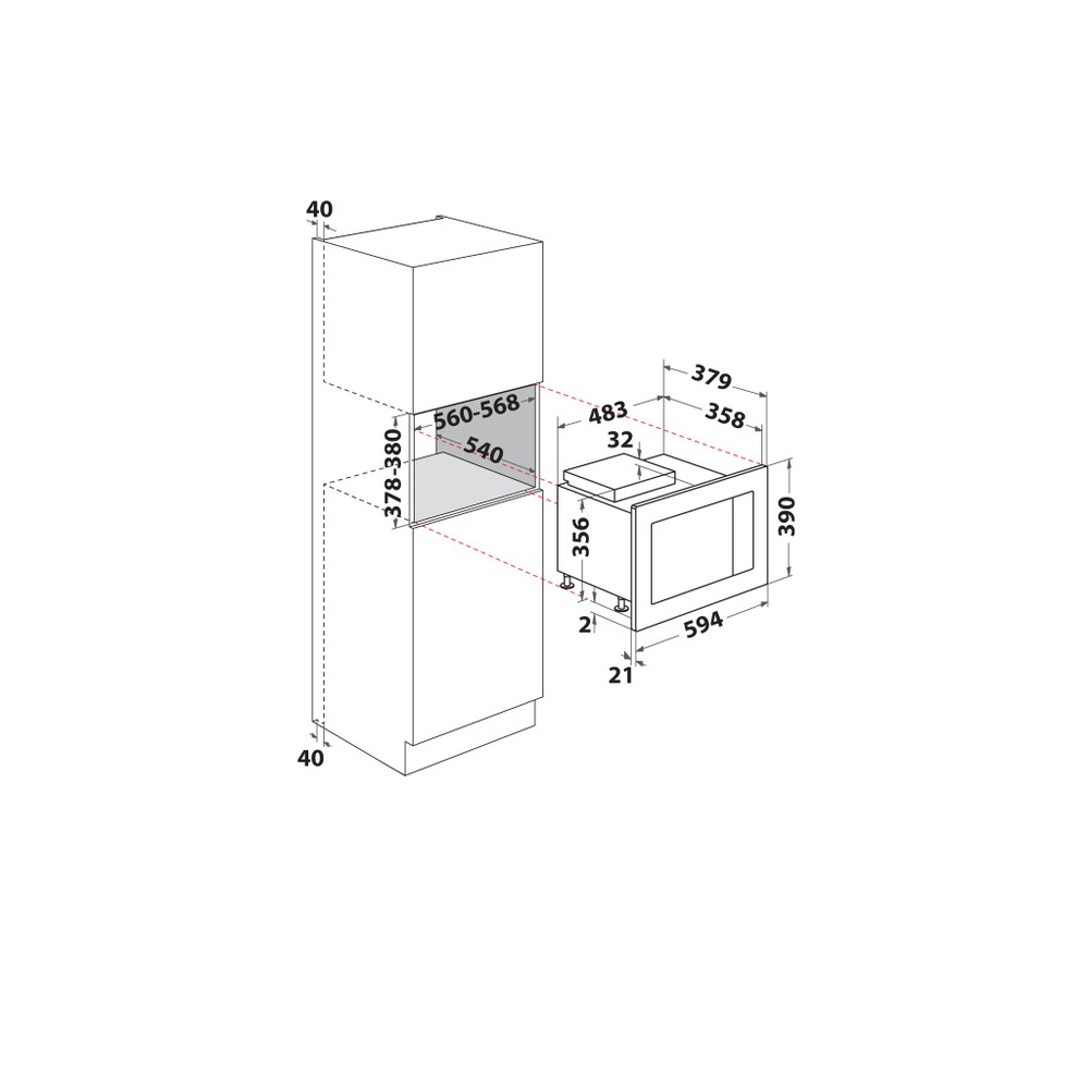 Whirlpool Mikrovlnná rúra Vstavané WMF250G Nerez Elektronické 25 Mikrovlny + Gril 900 Technical drawing