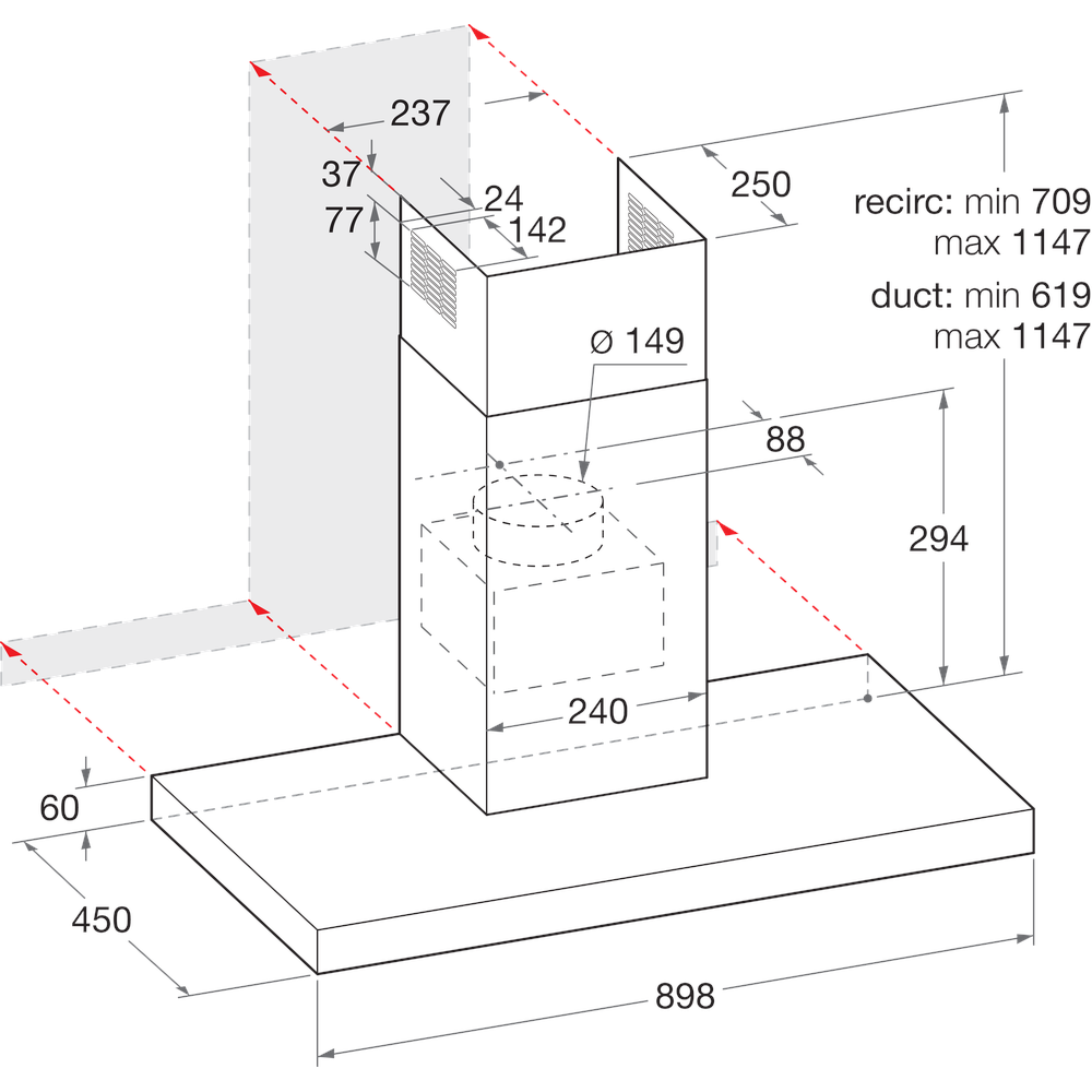 Indesit Hotte Encastrable IHBS93FLMK Noir Encastrable Mécanique Technical drawing
