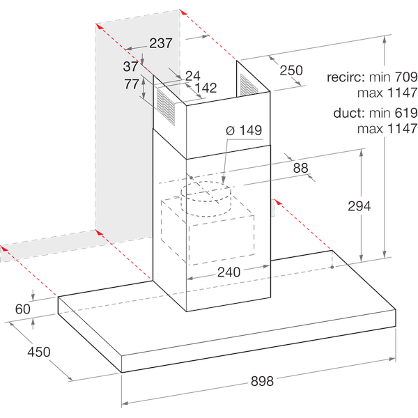 Indesit Hotte Encastrable IHBS93FLMK Noir Encastrable Mécanique Technical drawing