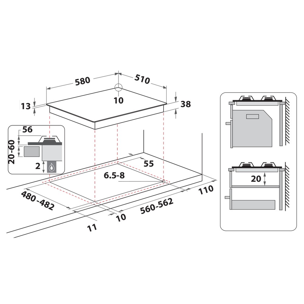 Whirlpool Варильна поверхня TGML 661 IX Нержавіюча сталь Газова Technical drawing
