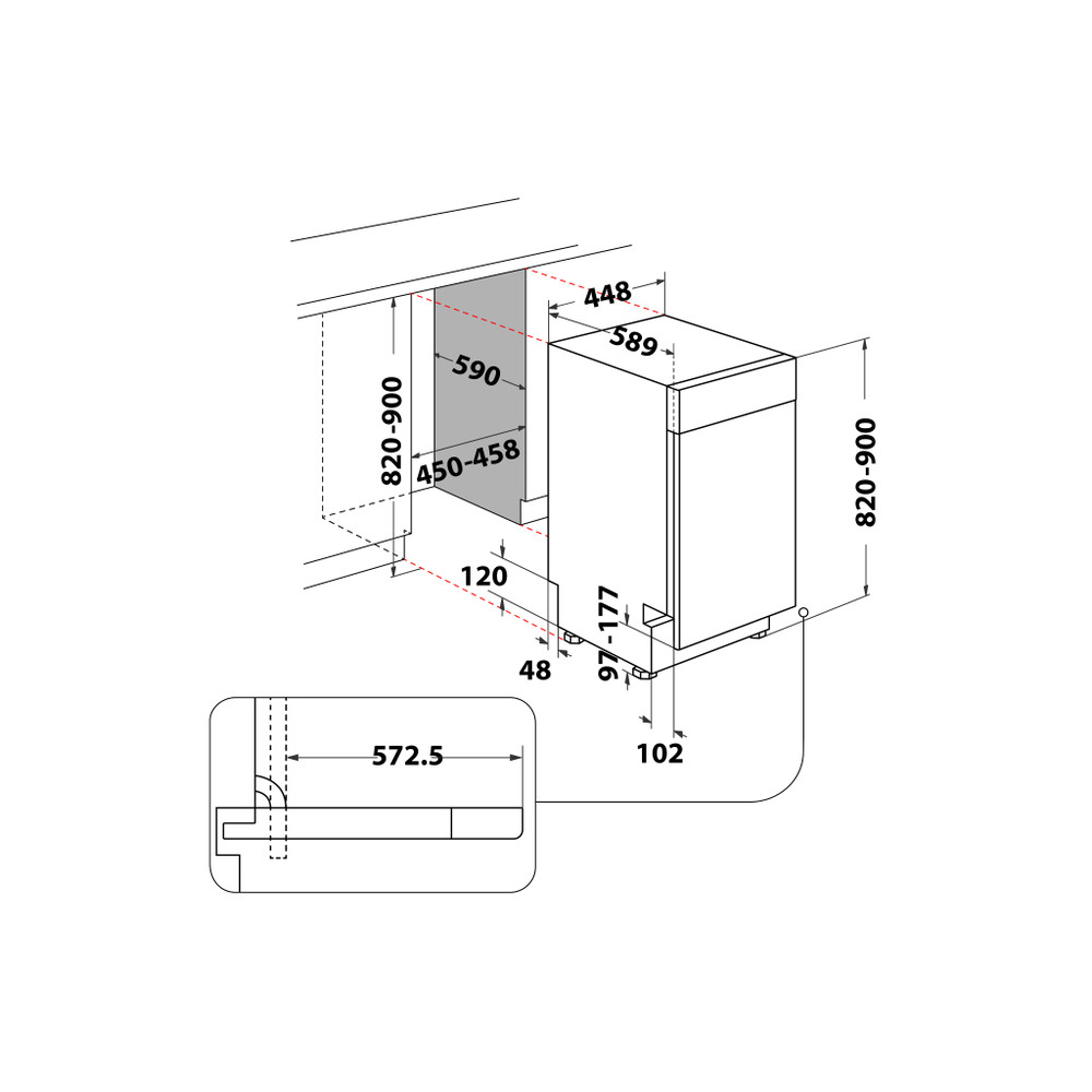 Whirlpool Mosogatógép Beépíthető WH6UC11BS7A0X Alulra építhatő C Technical drawing