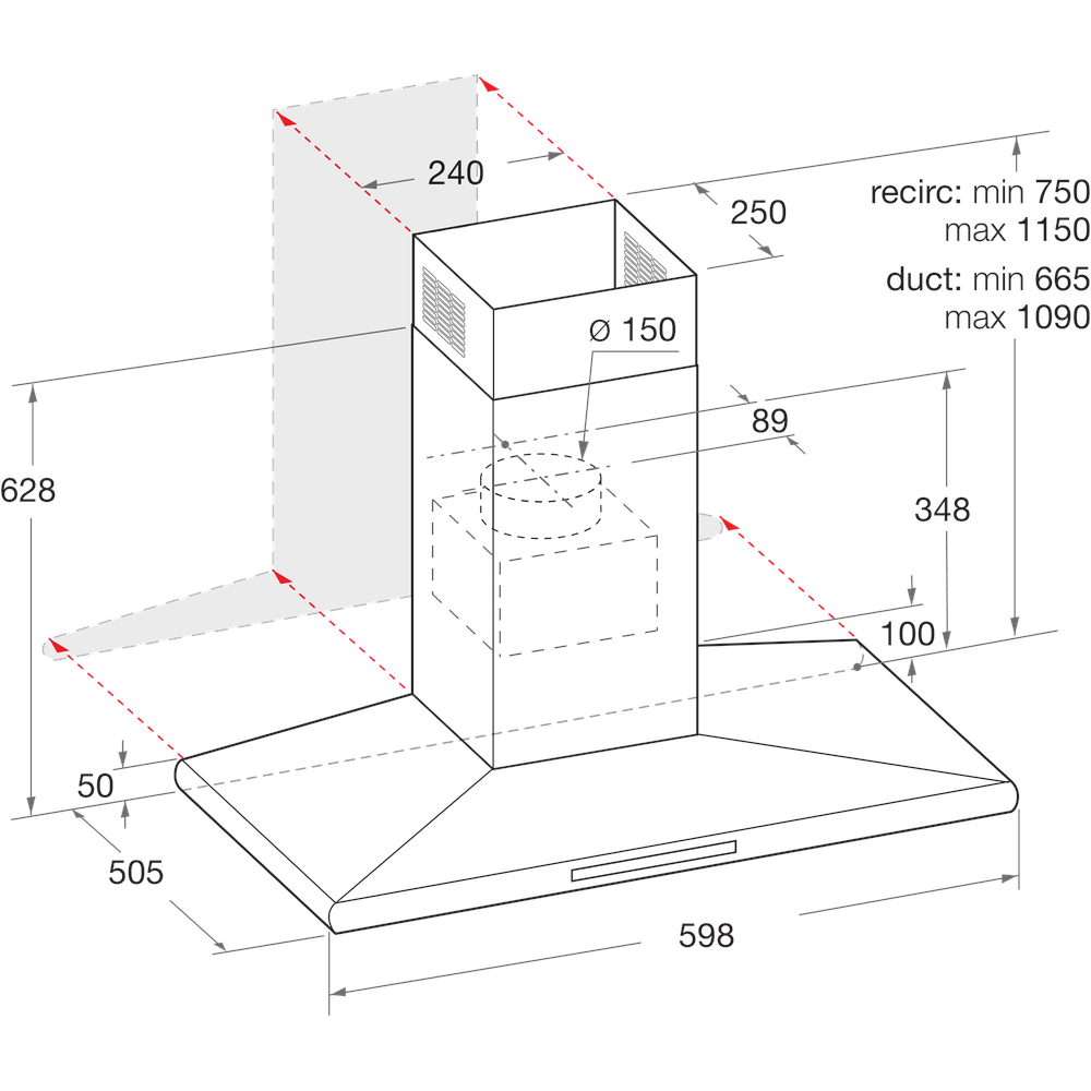 Hotpoint_Ariston Exaustor Encastre HHC 6.7F LT X Inox Wall-mounted Eletrónico Technical drawing