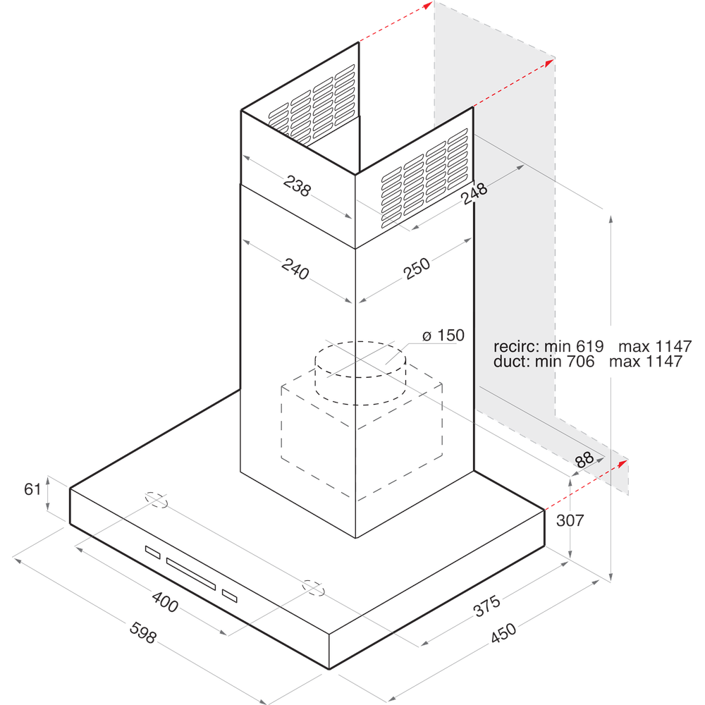 Hotpoint_Ariston Hotte Encastrable HHBS 6.7F LL X Inox Mural Electronique Technical drawing