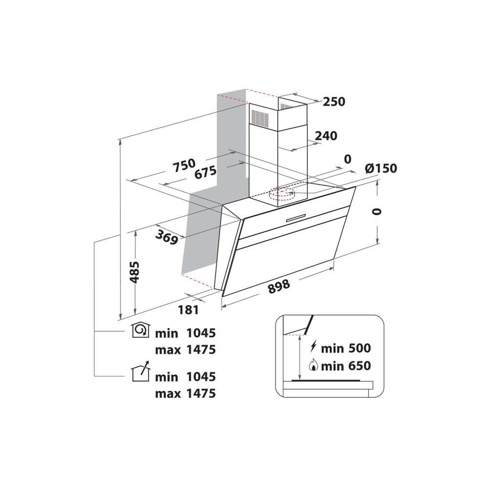 Whirlpool Hood Built-in WHVS 91F LT DP K Black Wall-mounted Electronic Technical drawing