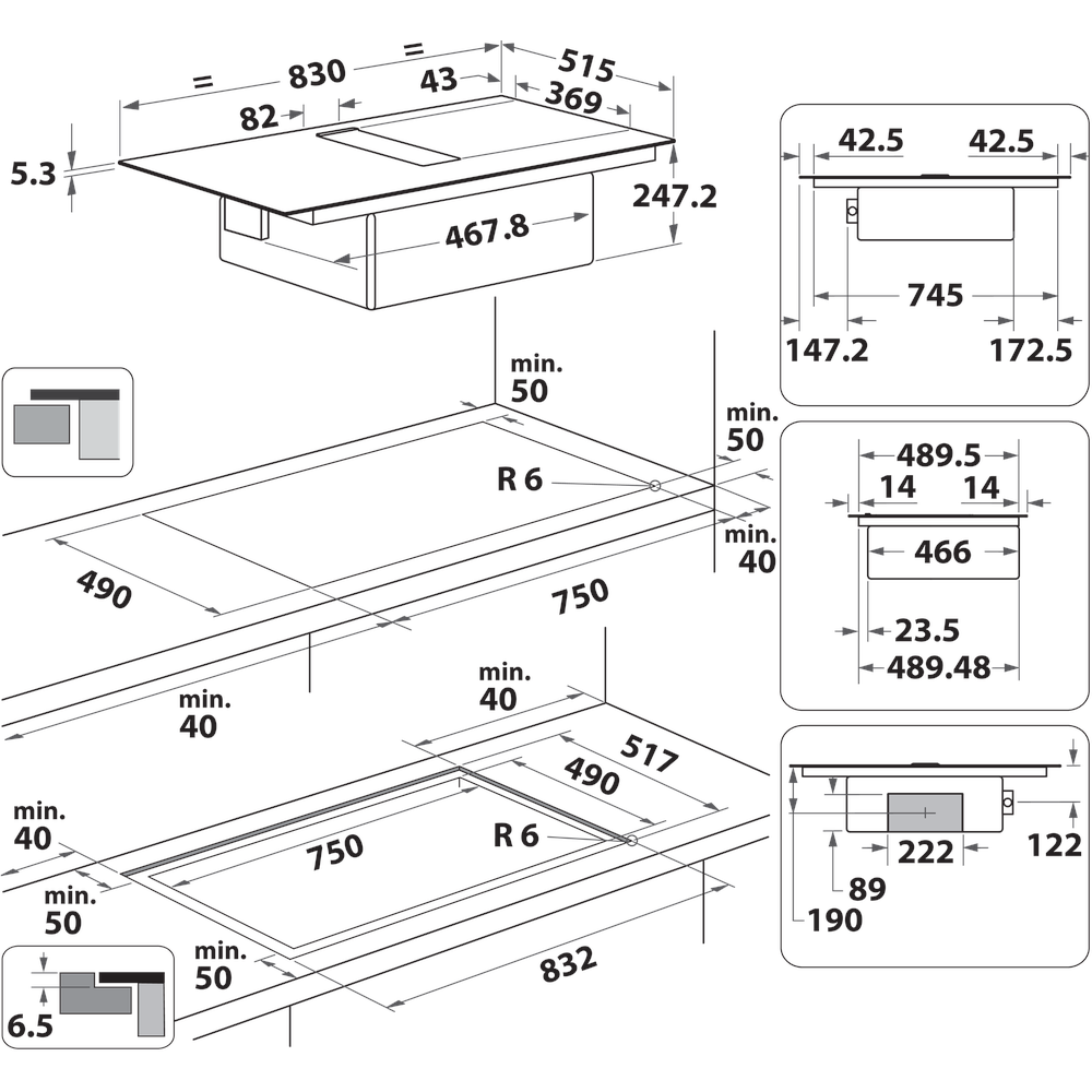 Whirlpool Venting cooktop WVHF83BB Čierna Technical drawing
