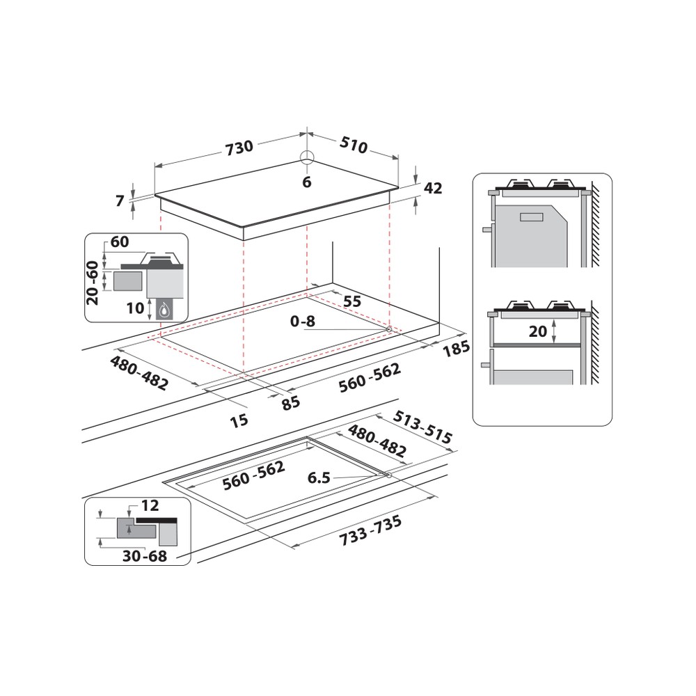 Whirlpool Table de cuisson GOWL 758/NB FR Noir Gaz Technical drawing