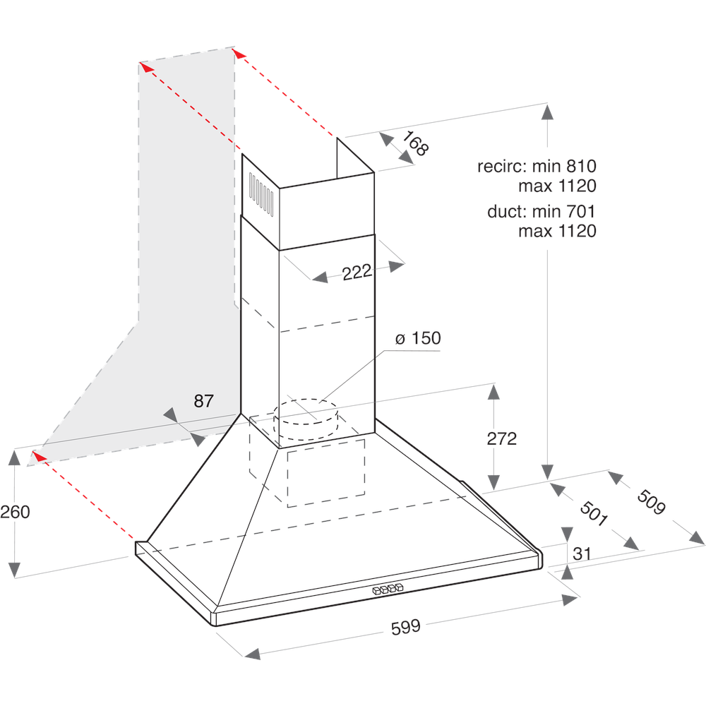 Ariston HOOD Built-in AHPN 6.4F LM X Inox Free-standing Mechanical Technical drawing