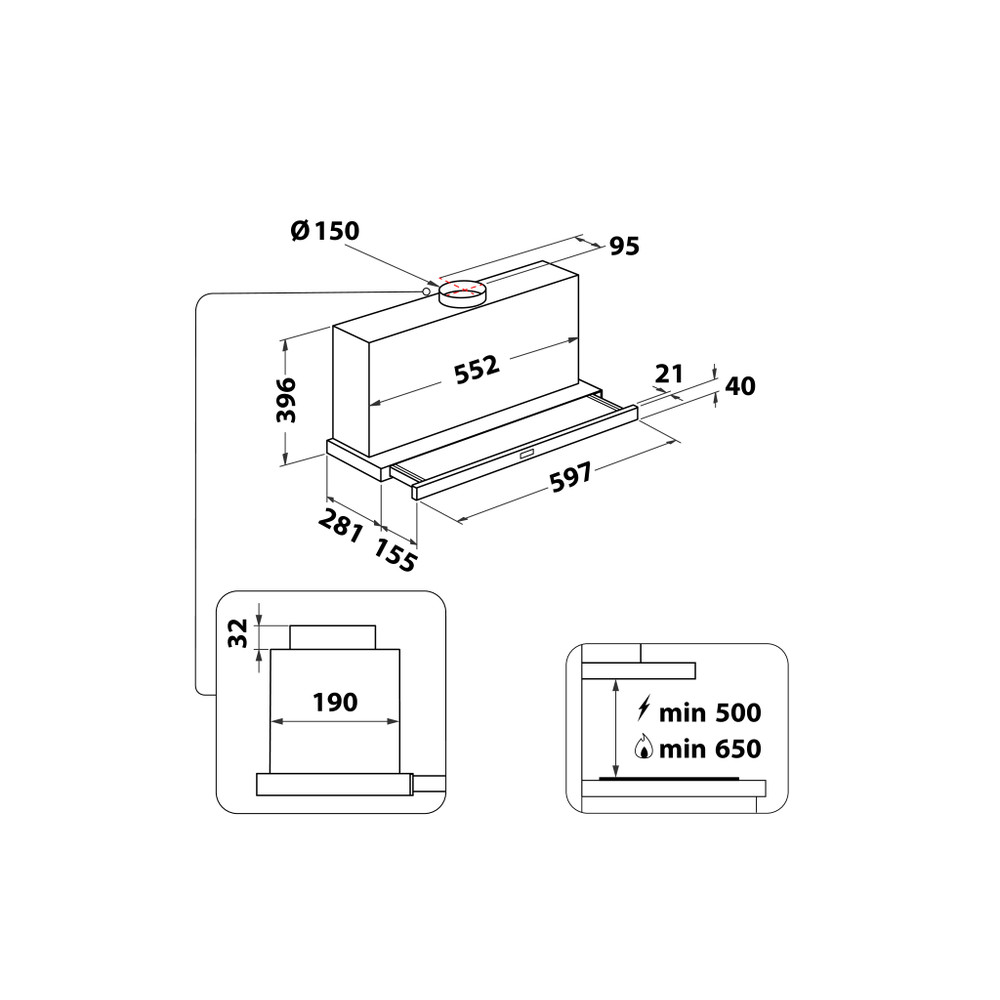 Whirlpool Afzuigkap Ingebouwd AKR 634 GY/3 Grijs Ingebouwd Mechanisch Technical drawing