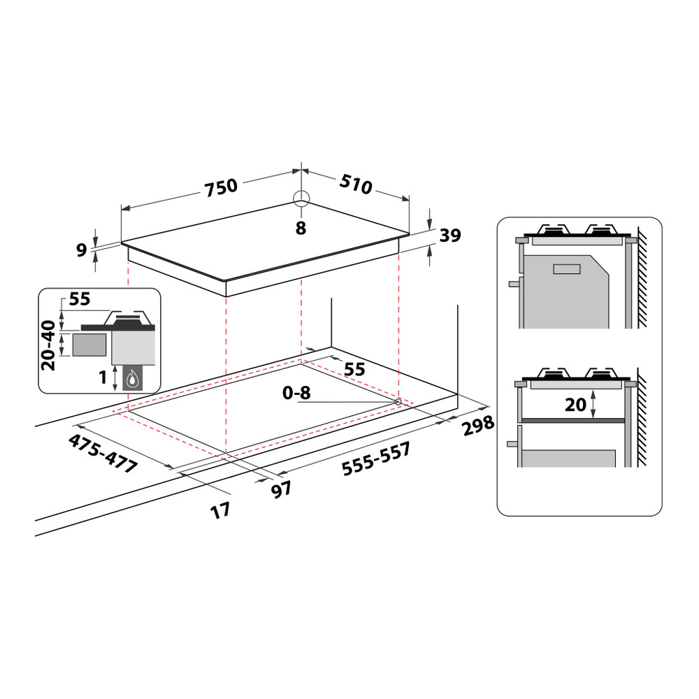 Hotpoint_Ariston Placa PCN 752 T/IX/HA Inox Gás Technical drawing