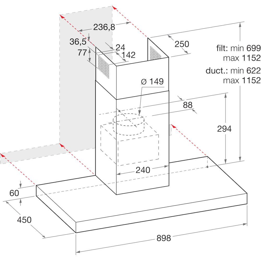 Indesit Dampkap Inbouw IHBS 9.4 LM X Inox Wandmodel Mechanisch Technical drawing