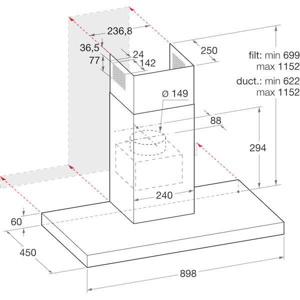 Indesit Hotte Encastrable IHBS 9.4 LM X Inox Mural Mécanique Technical drawing