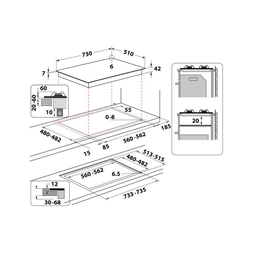 Whirlpool Kookplaat AKT 5000/NB Zwart Gas Technical drawing