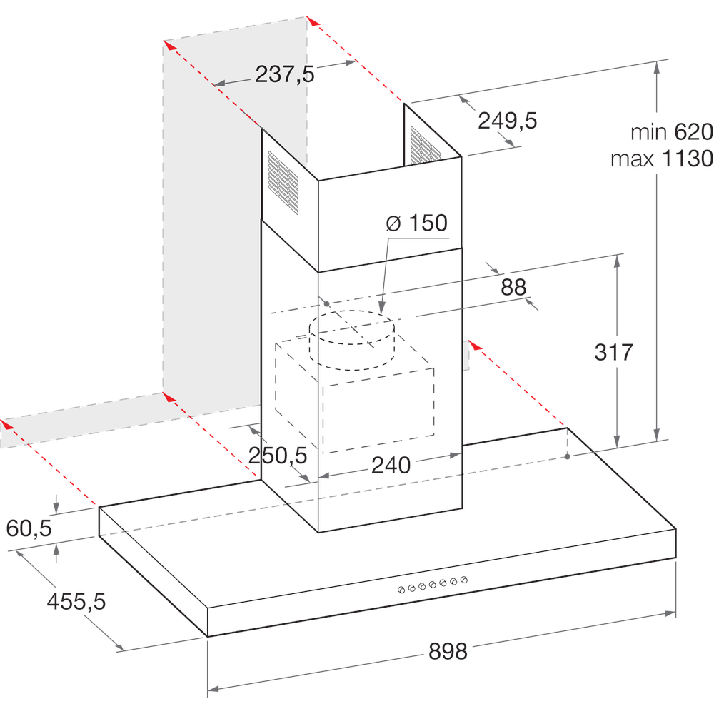 Whirlpool Exaustor Encastre WHBS92FLTK Preto Wall-mounted Eletr�nico Technical drawing