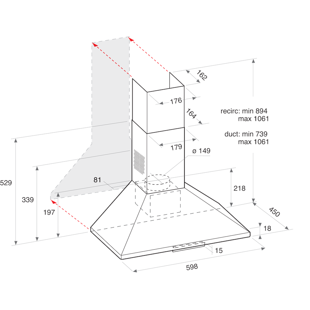 Indesit HOOD Free-standing UHPM 6.3F CS X/1 Inox Wall-mounted Mechanical Technical drawing