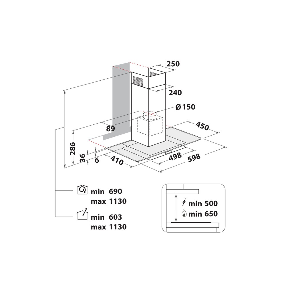 Whirlpool Hood Built-in WHFG 64 F LM X Inox Wall-mounted Mechanical Technical drawing
