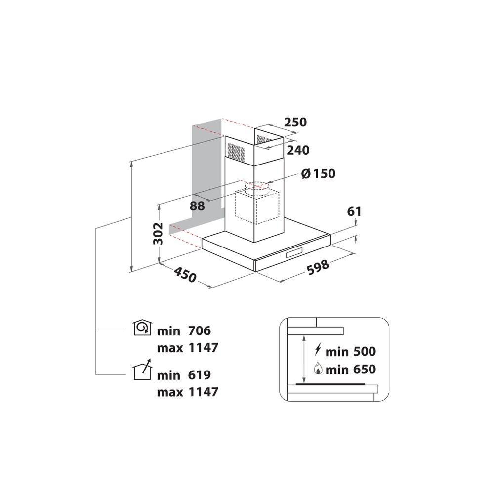 Whirlpool Витяжка Вбудований (-а) WHBS 62F LT K/1 Чорний Пристінна Електронне Technical drawing