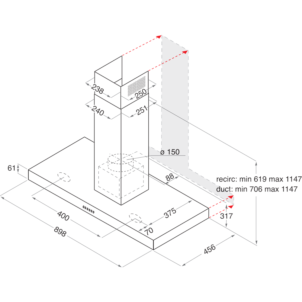 Ariston HOOD Built-in AHBS 9.7F LTI X Inox Wall-mounted Electronic Technical drawing