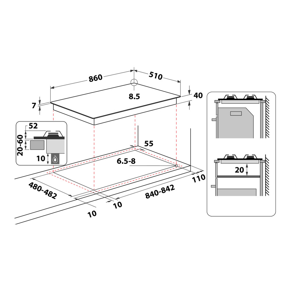 Whirlpool Placa GMWL 958/IXL Inox Ixelium Gás Technical drawing