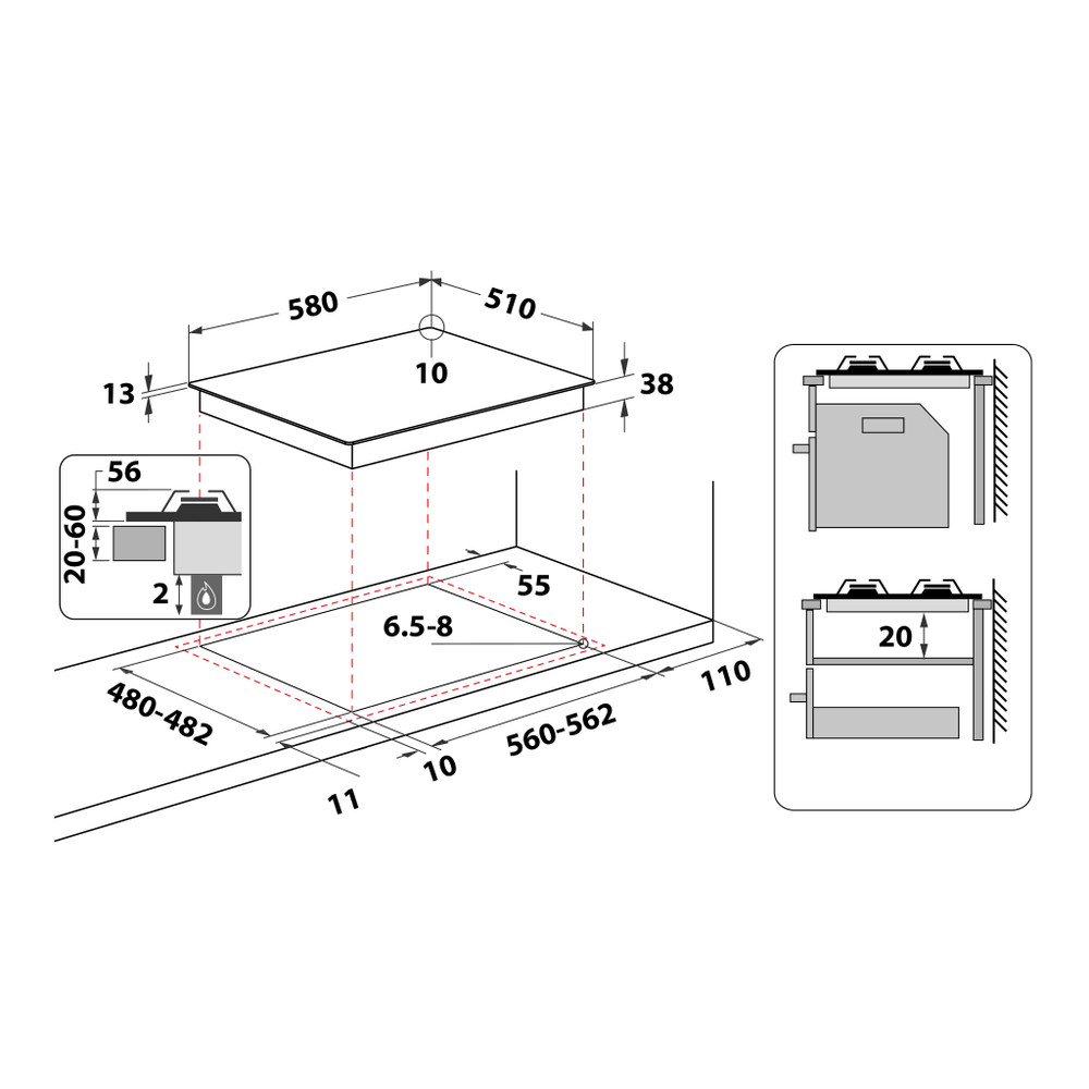 Whirlpool Kookplaat TGML 660 IX NL Rvs Gas Technical drawing
