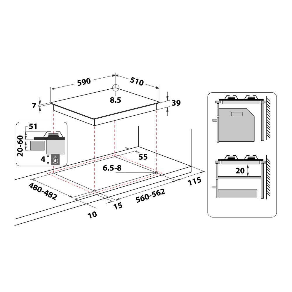 Whirlpool Varná doska GMWL 628/IXL EE Nerez iXelium Plynová Technical drawing
