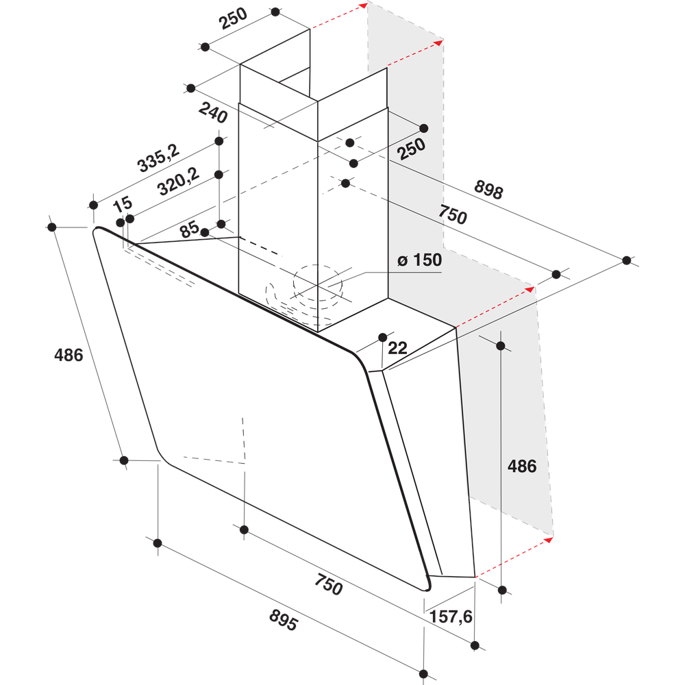 Whirlpool Páraelszívó Beépíthető WHVS 93F LT BSS Fekete Wall-mounted Elektromos Technical drawing