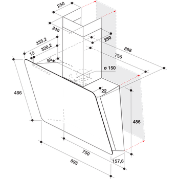 Whirlpool Páraelszívó Beépíthető WHVS 93F LT BSS Fekete Wall-mounted Elektromos Technical drawing