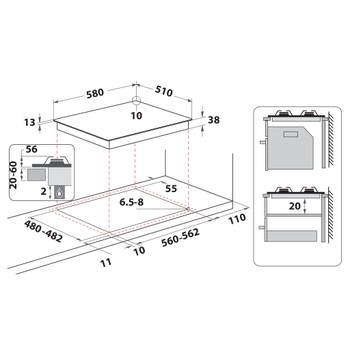 Whirlpool Varná doska TKRL 650 IX Nerezová Plynová Technical drawing